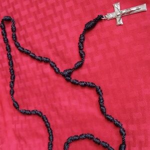 Religious Knotted Rosary with Silver Tone Cross